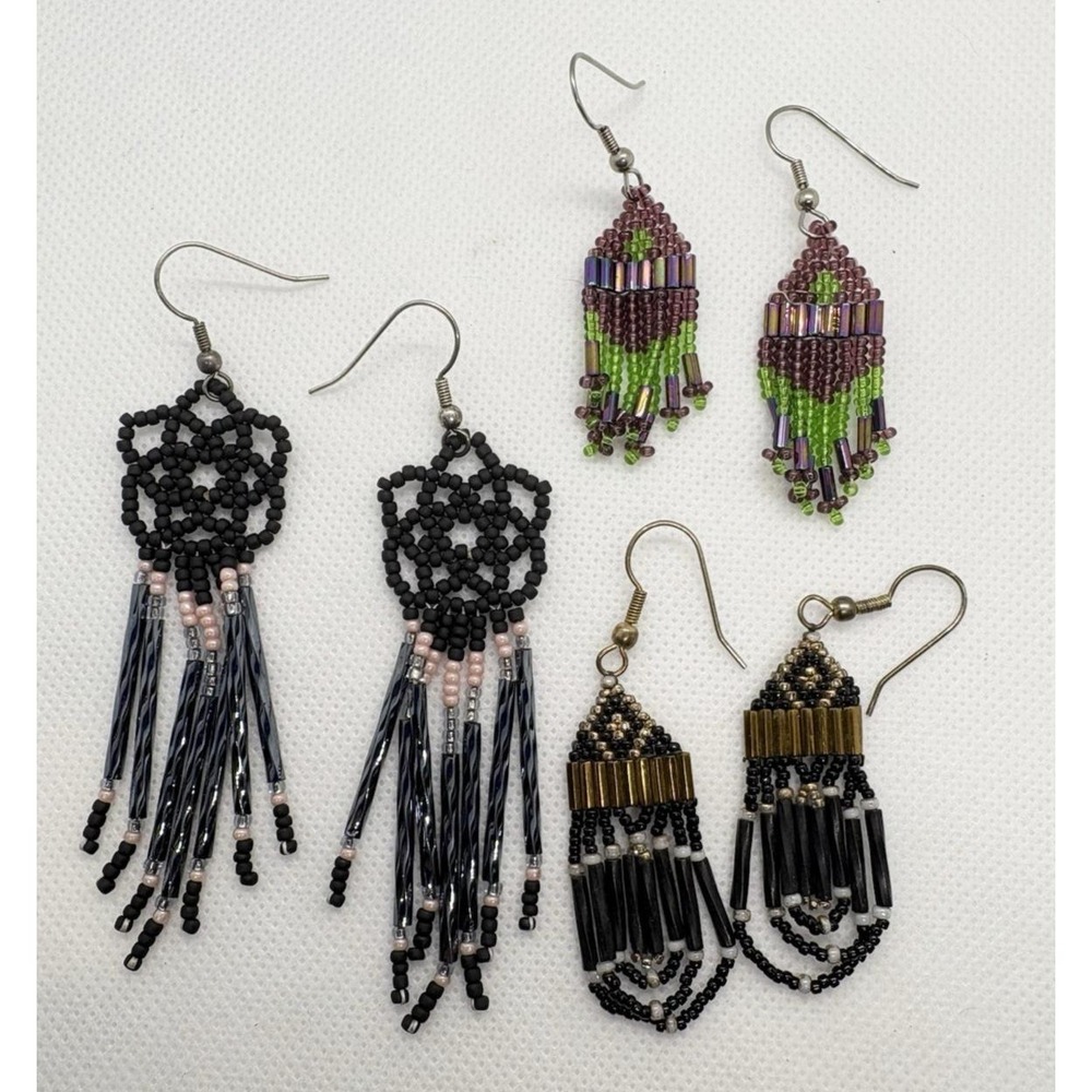 Lot of 3 Handmade Beaded Earrings Fringe Boho Tribal Black Statement Dangle